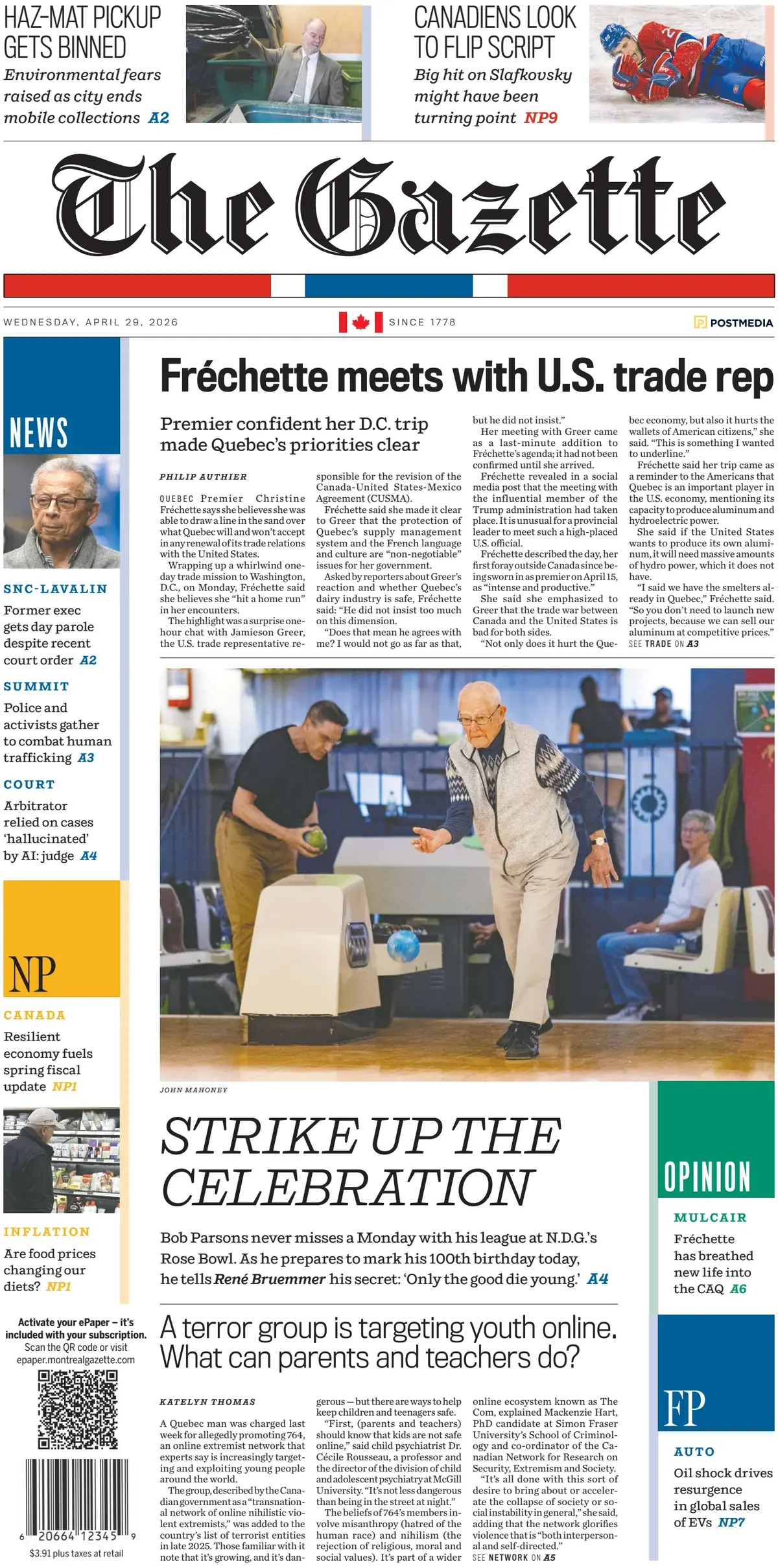 Front Page The Gazette (Montreal) 29/04/2026