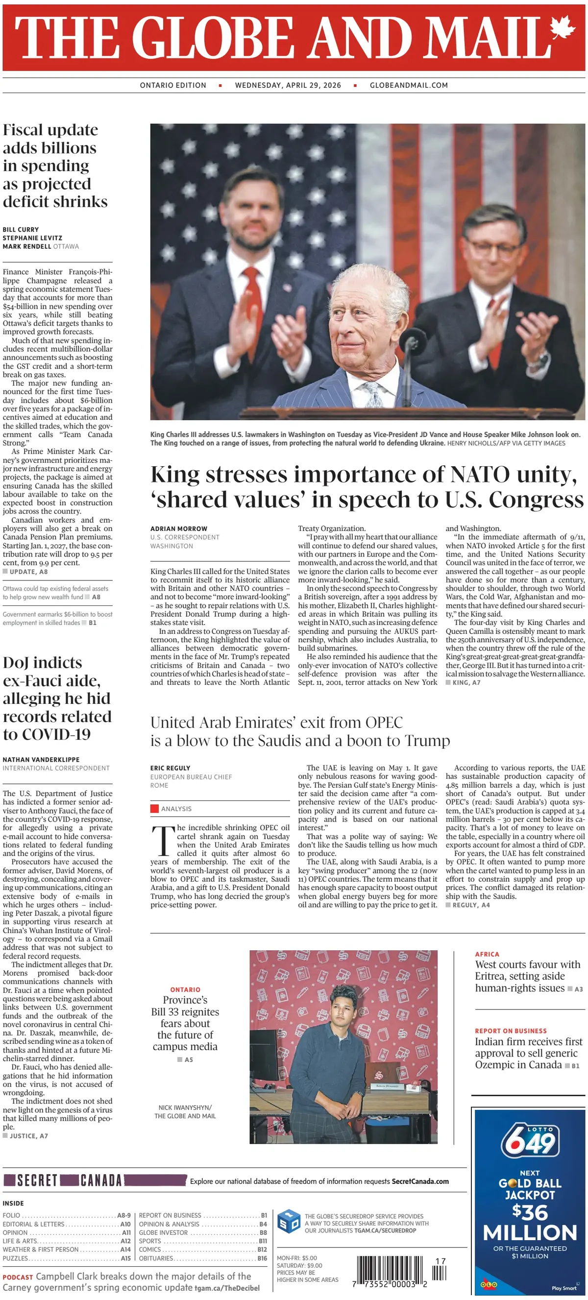 Front Page The Globe and Mail 29/04/2026