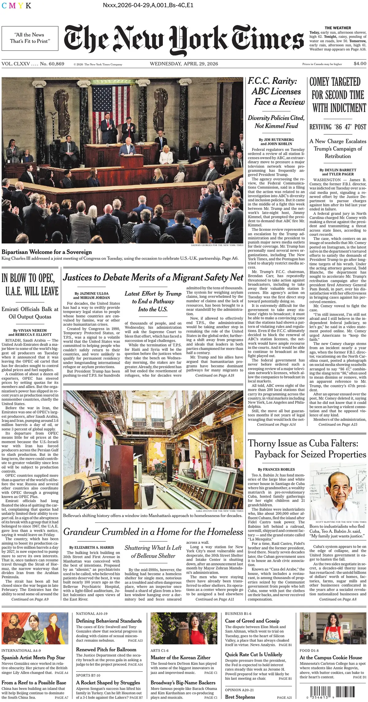 Cover The New York Times 29/04/2026