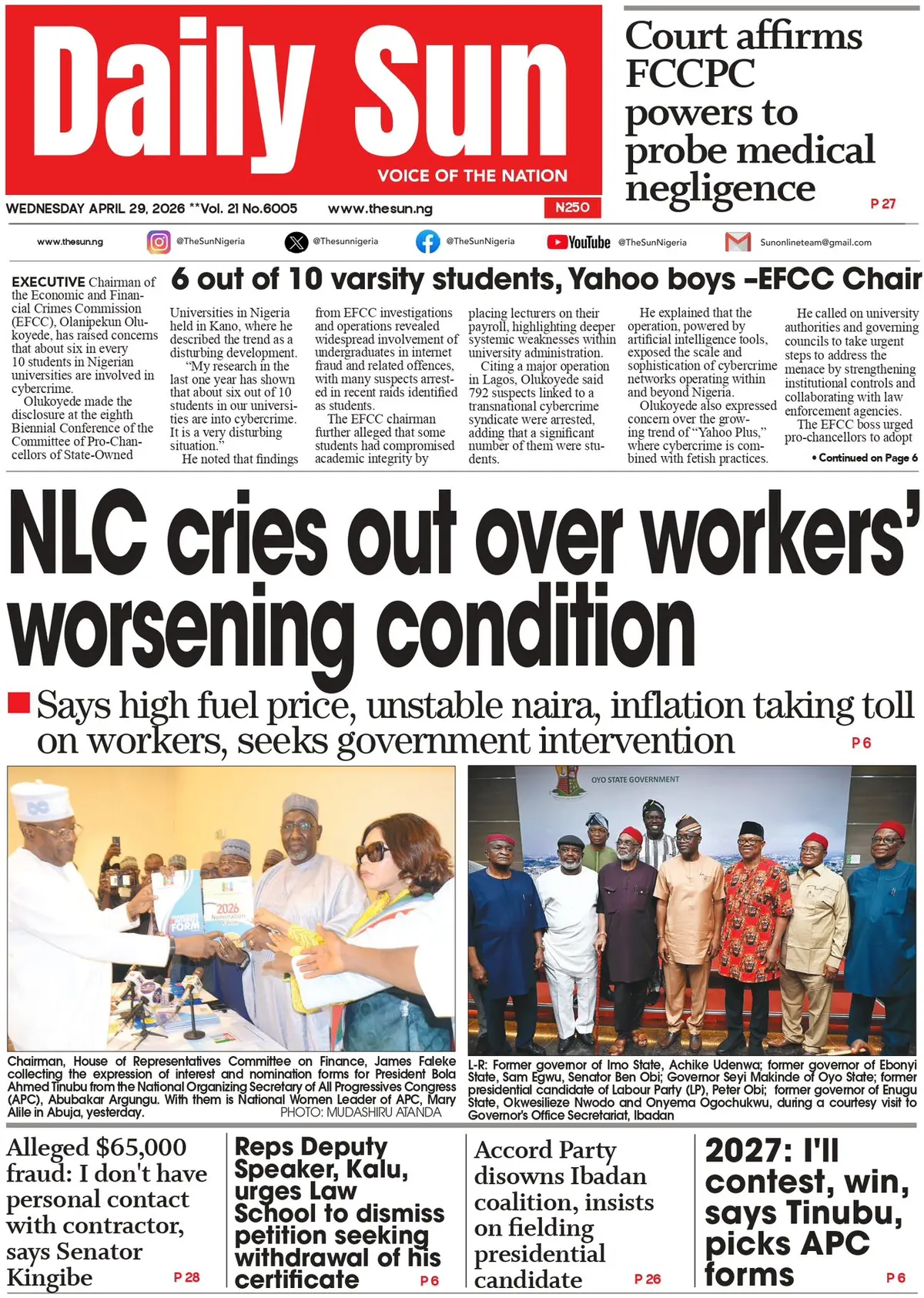 Front Page The Sun (Nigeria) 29/04/2026