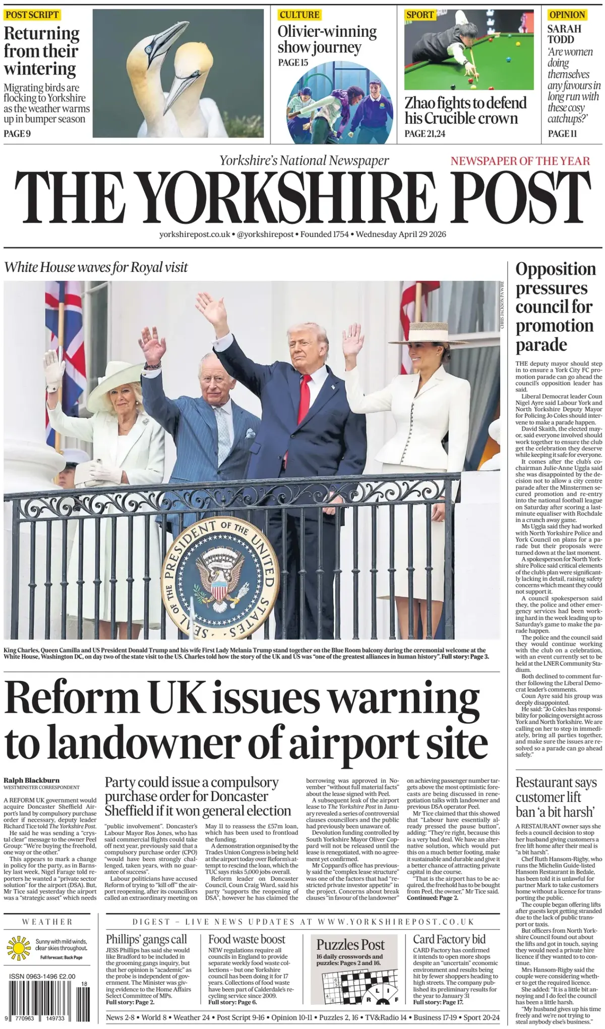 Front Page The Yorkshire Post 29/04/2026