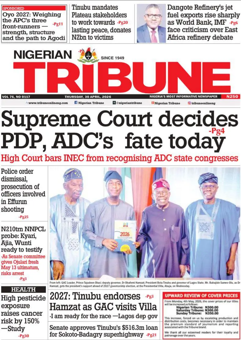 Front Page Nigerian Tribune 30/04/2026