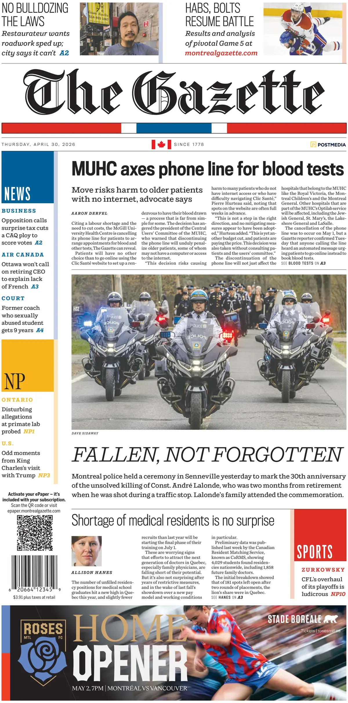 Front Page The Gazette (Montreal) 30/04/2026