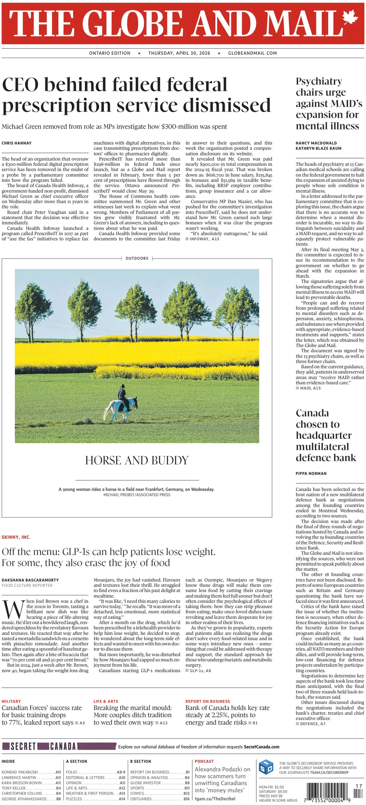 Front Page The Globe and Mail 30/04/2026