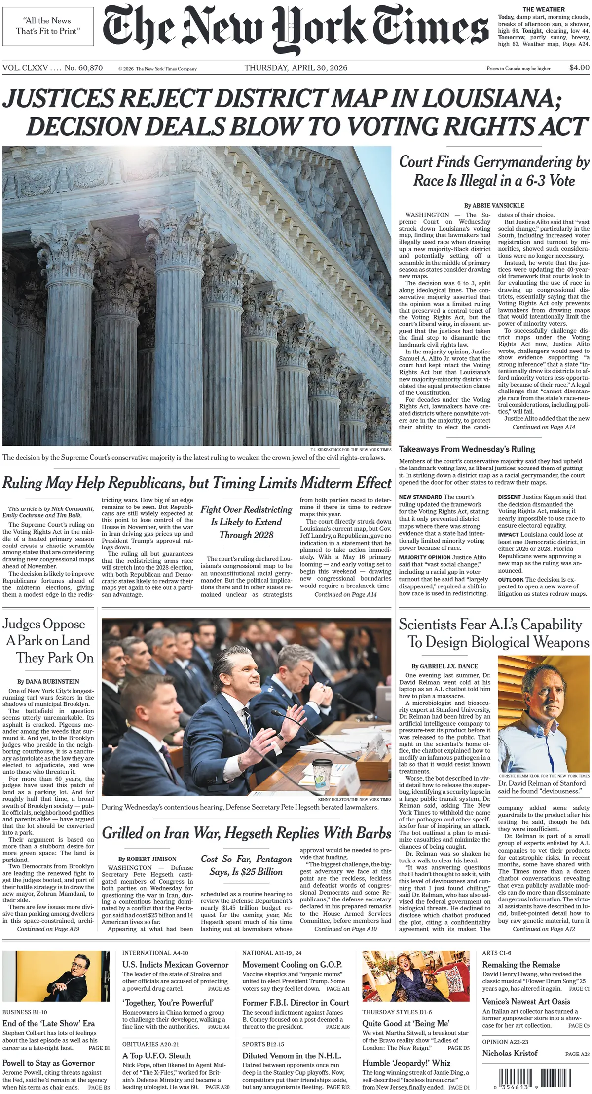 Cover The New York Times 30/04/2026