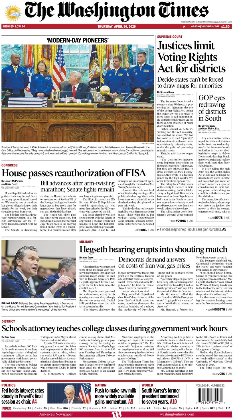 Cover The Washington Times 30/04/2026