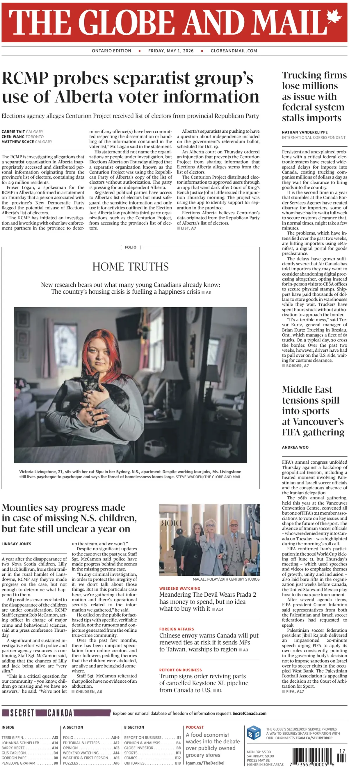 Front Page The Globe and Mail 01/05/2026