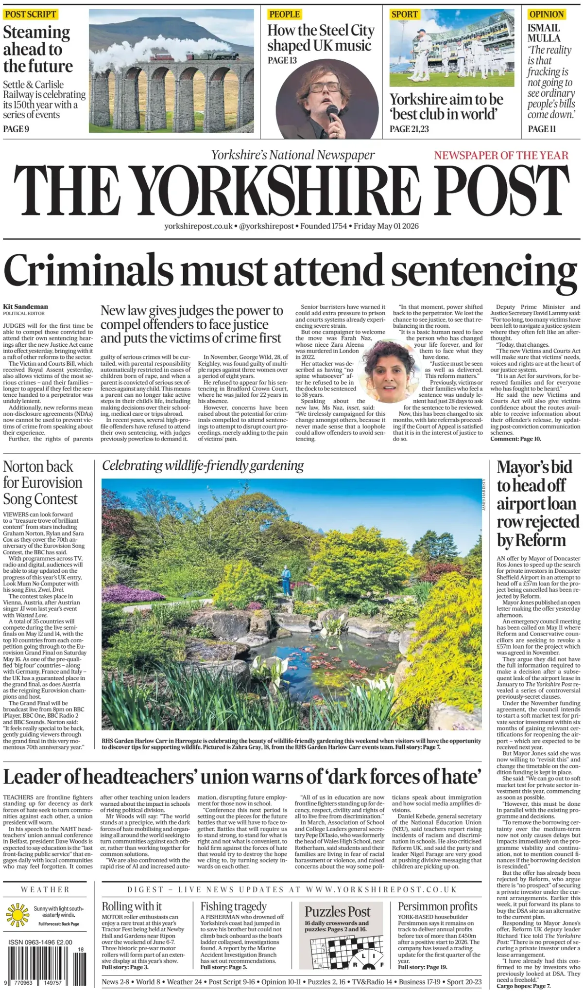 Front Page The Yorkshire Post 01/05/2026