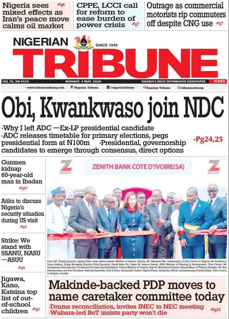 Front Page Nigerian Tribune 04/05/2026