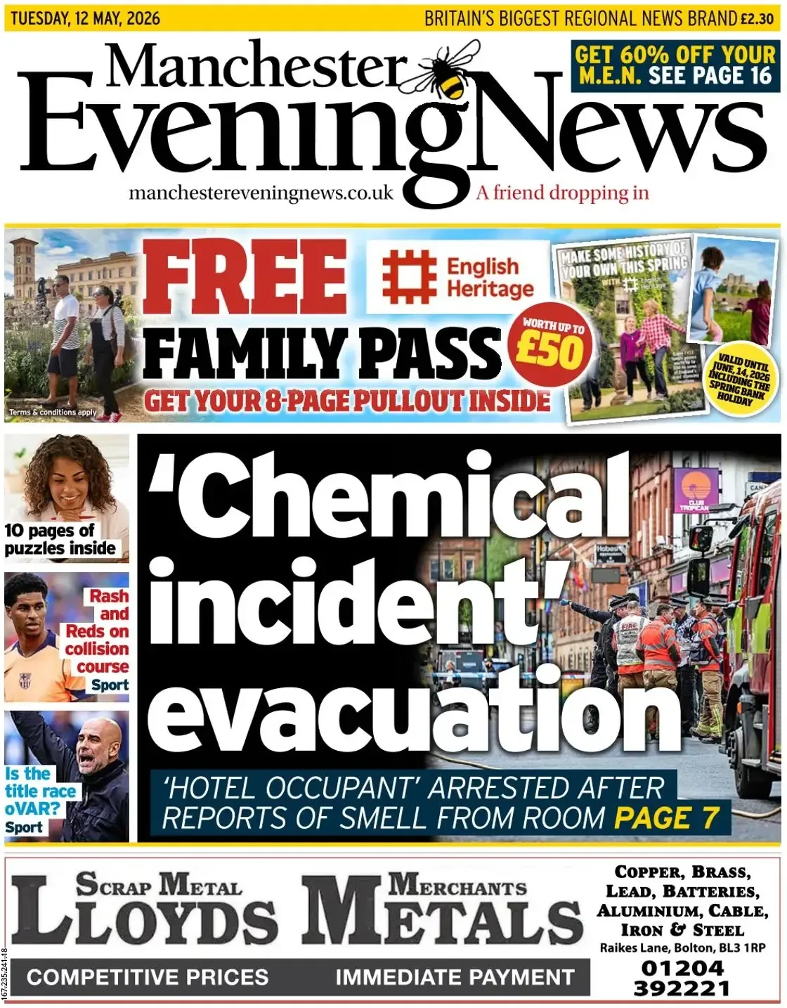 Front Page Manchester Evening News 12/05/2026