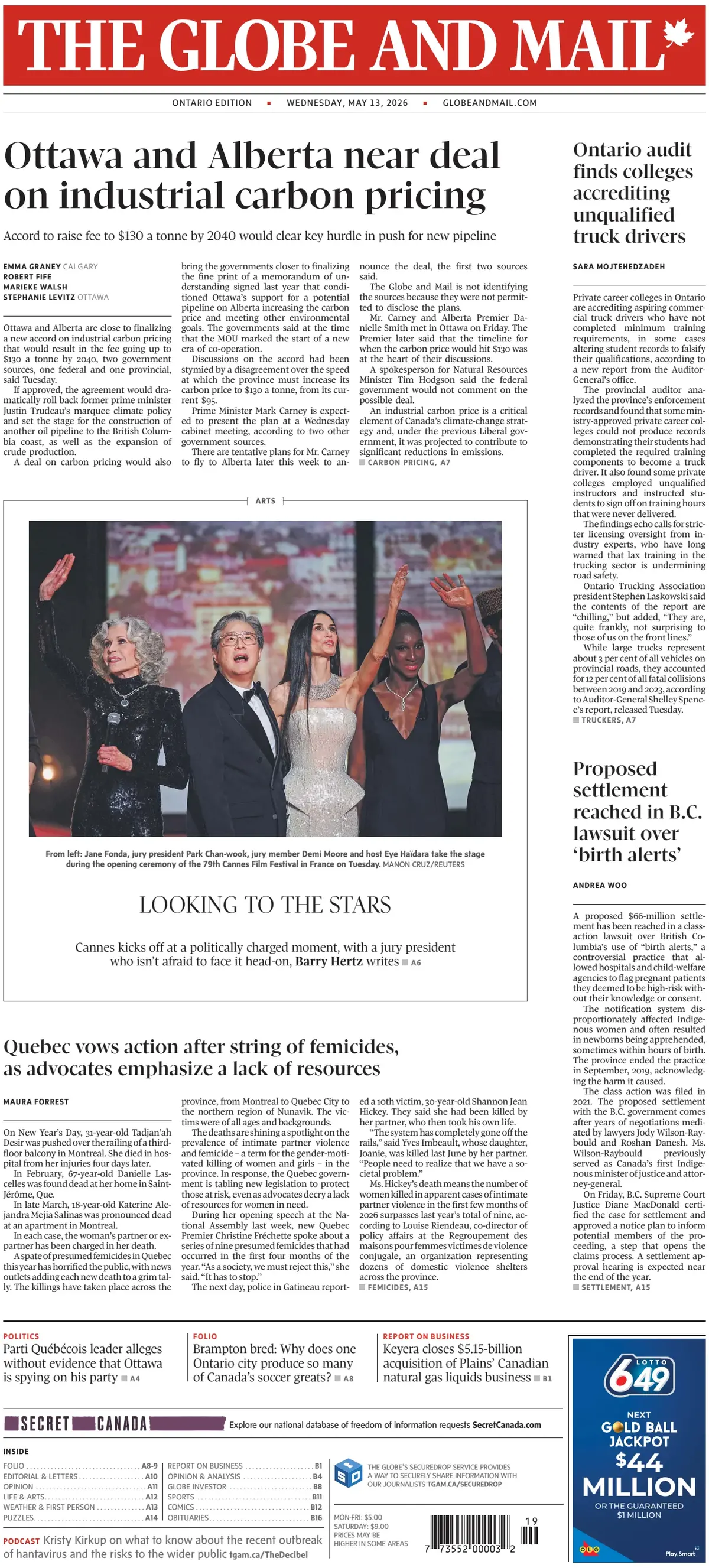 Front Page The Globe and Mail 13/05/2026