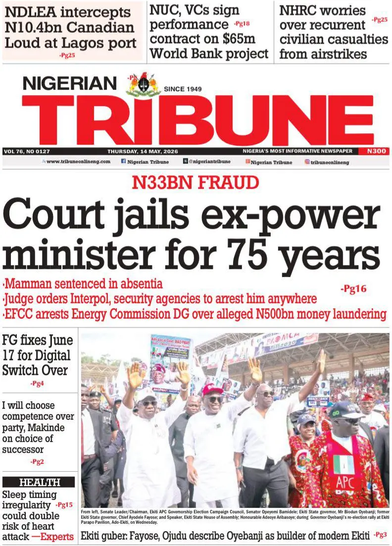 Front Page Nigerian Tribune 14/05/2026