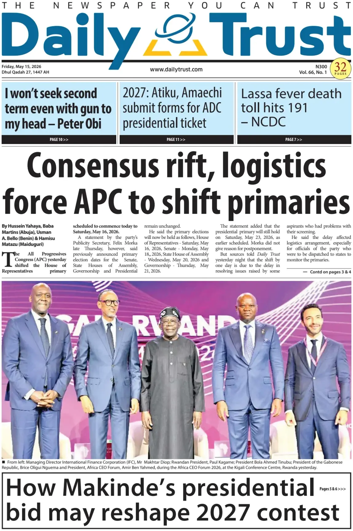 Front Page Daily Trust 15/05/2026