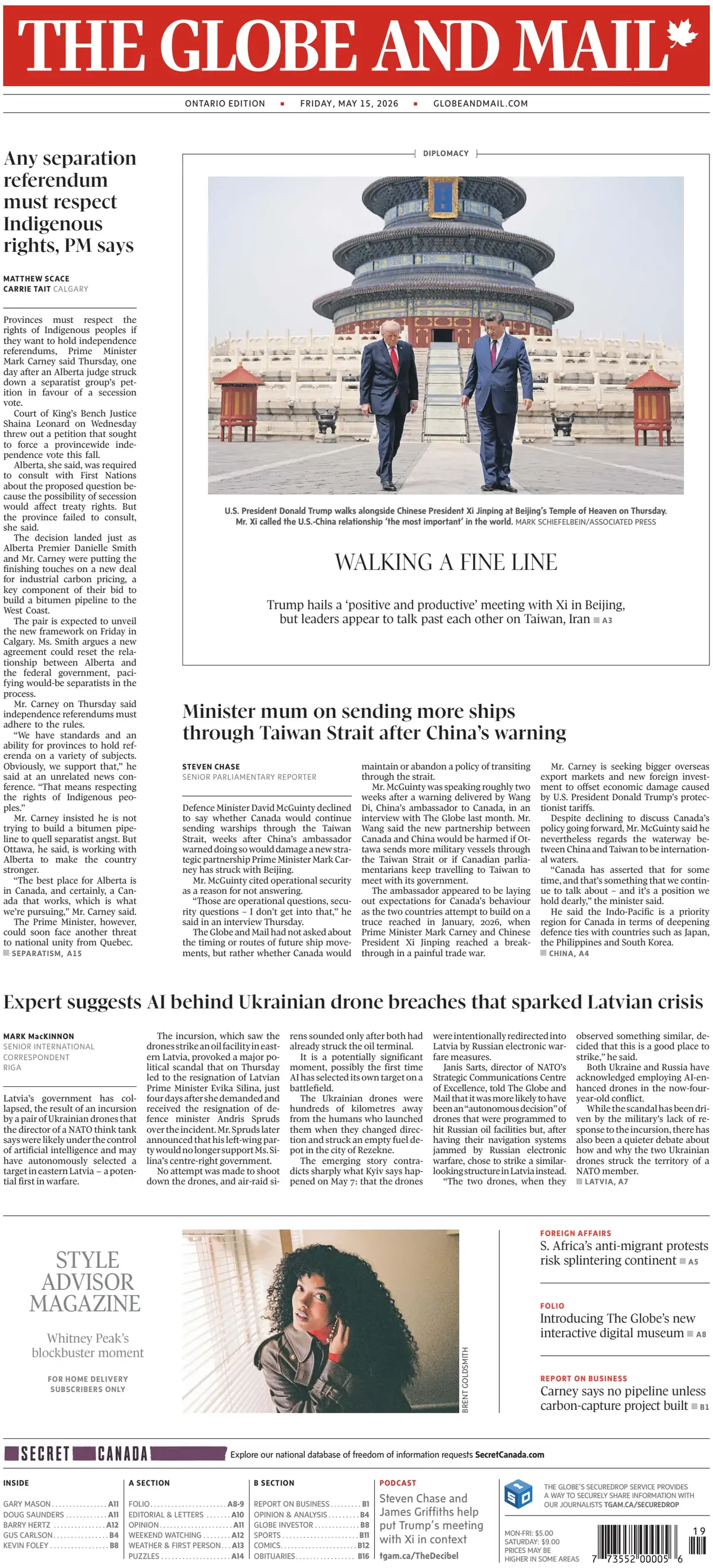 Front Page The Globe and Mail 15/05/2026