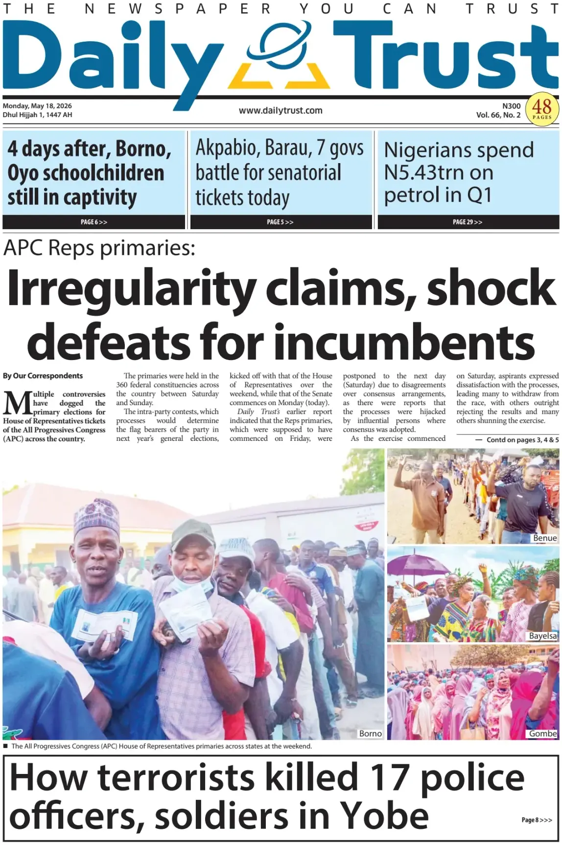 Front Page Daily Trust 18/05/2026