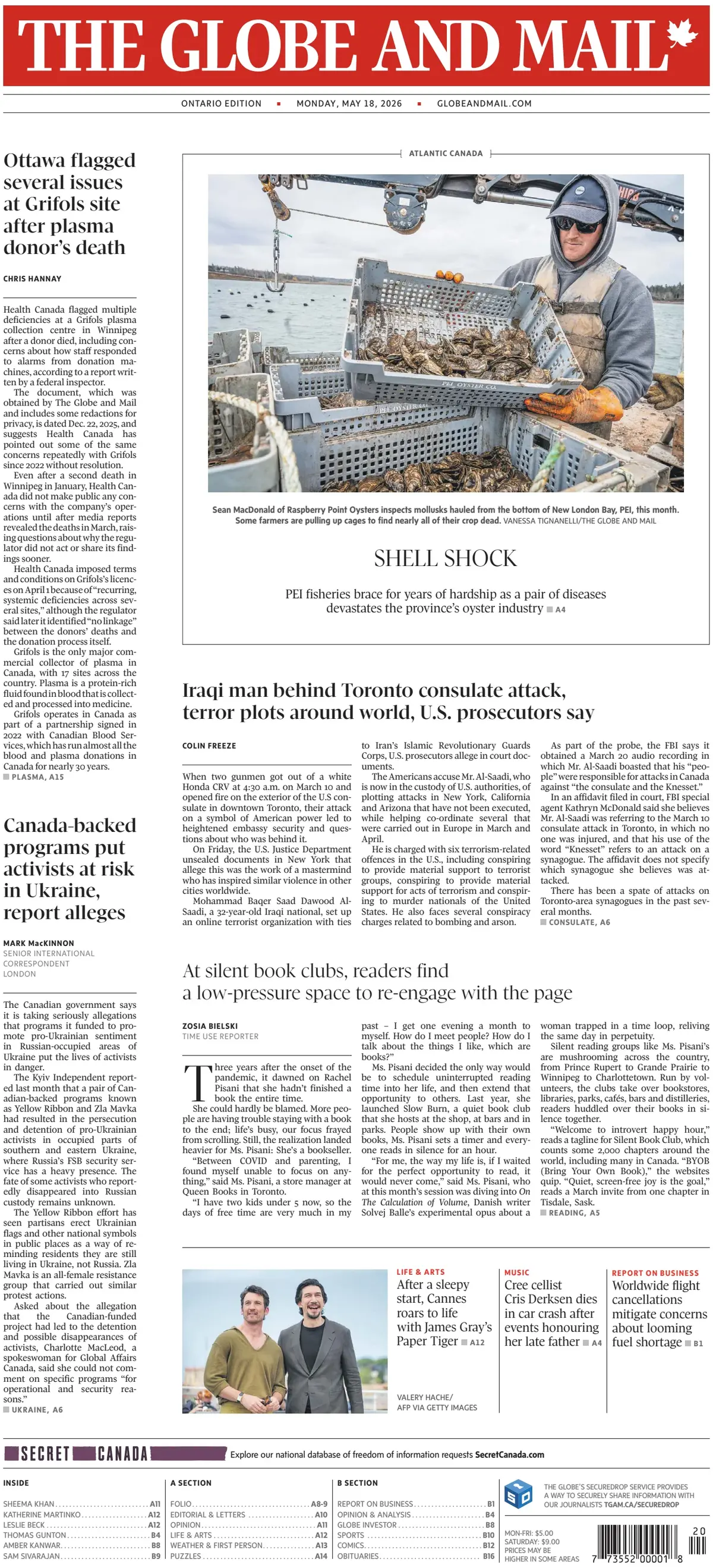 Front Page The Globe and Mail 18/05/2026