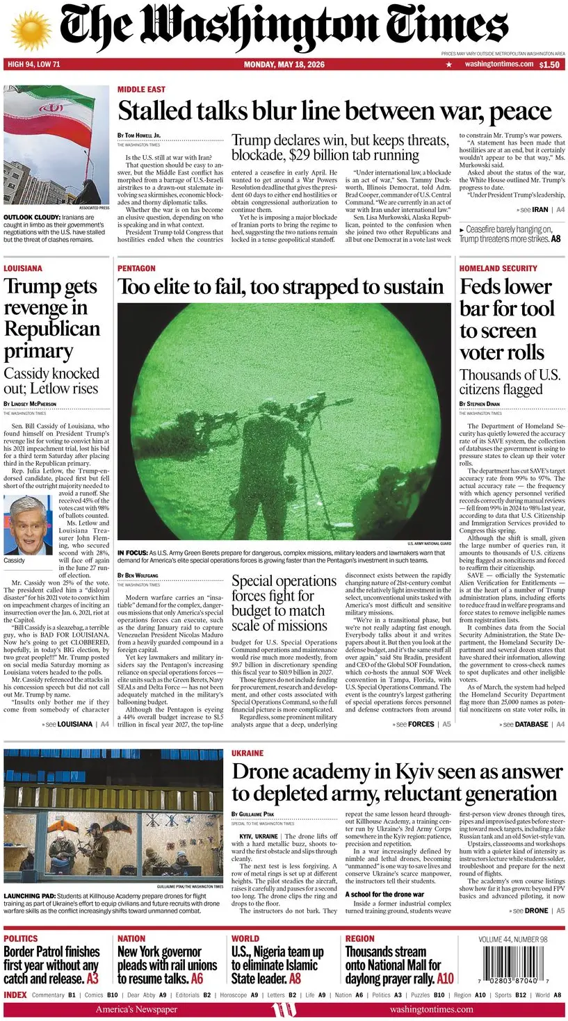 Cover The Washington Times 18/05/2026