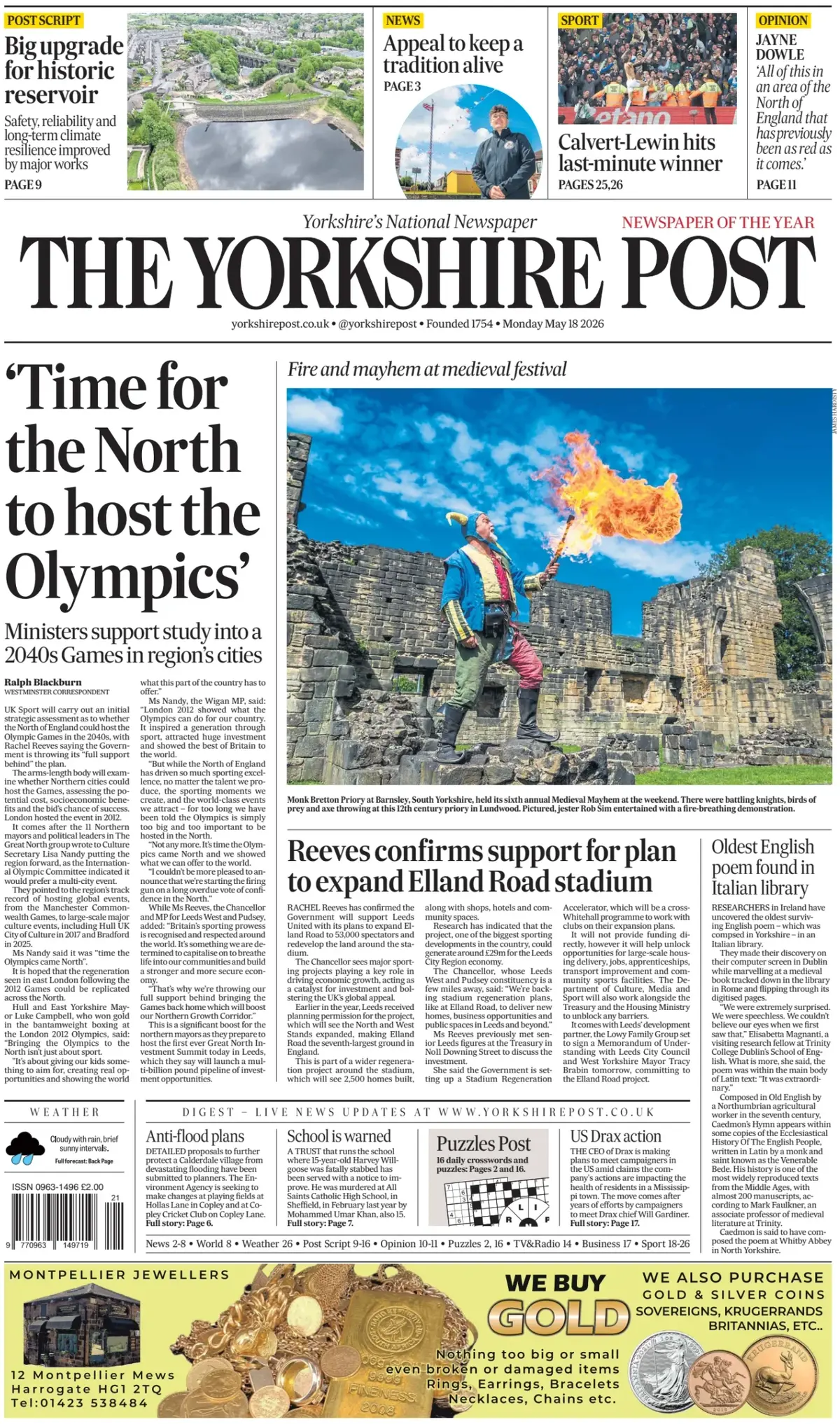 Front Page The Yorkshire Post 18/05/2026