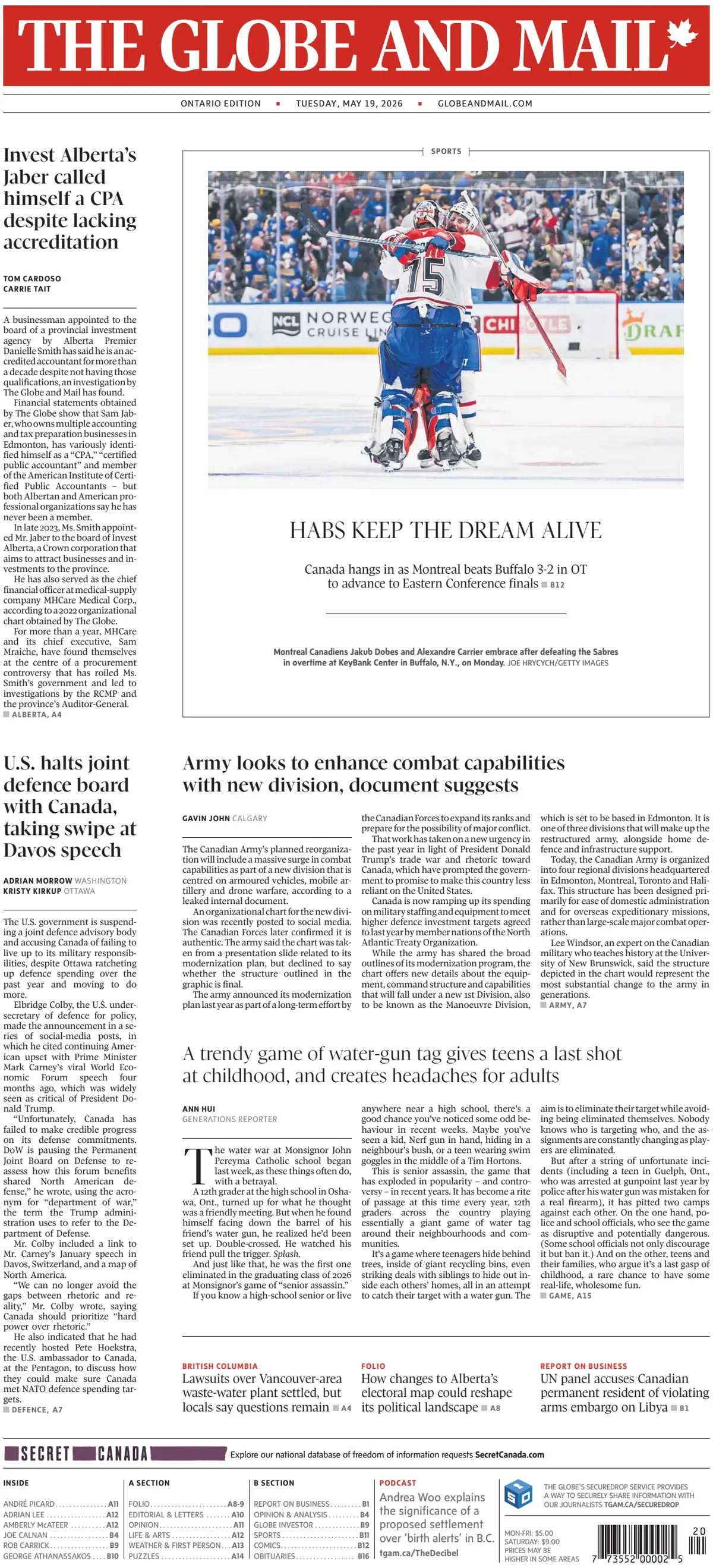 Front Page The Globe and Mail 19/05/2026