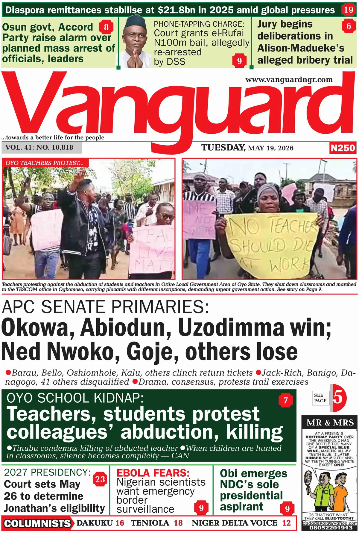 Front Page Vanguard 19/05/2026