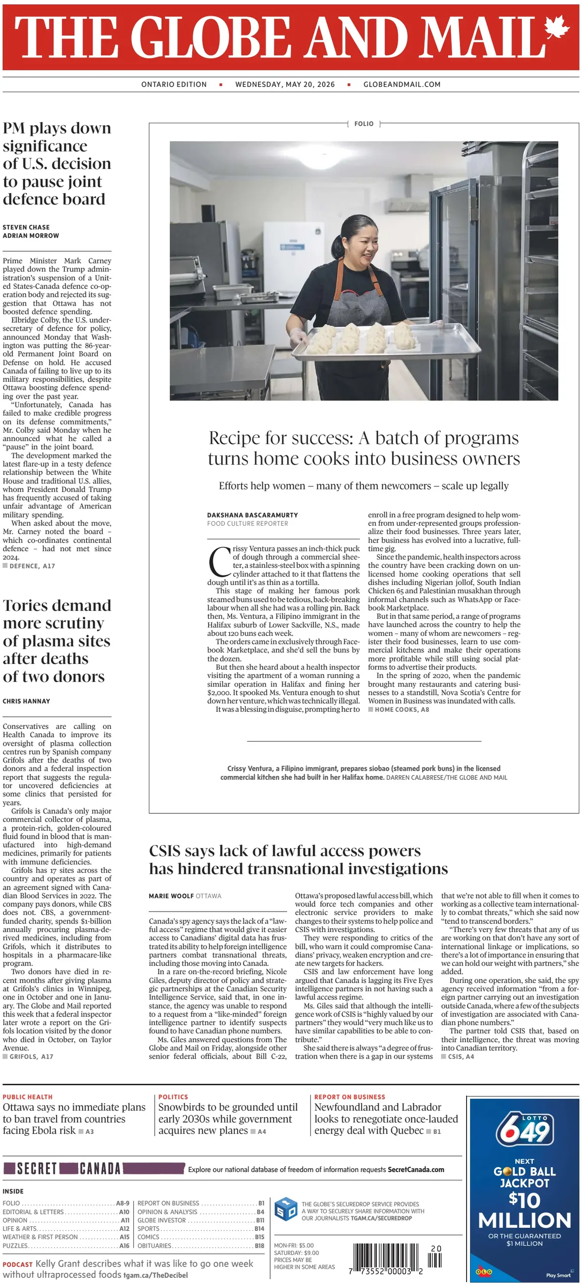 Front Page The Globe and Mail 20/05/2026