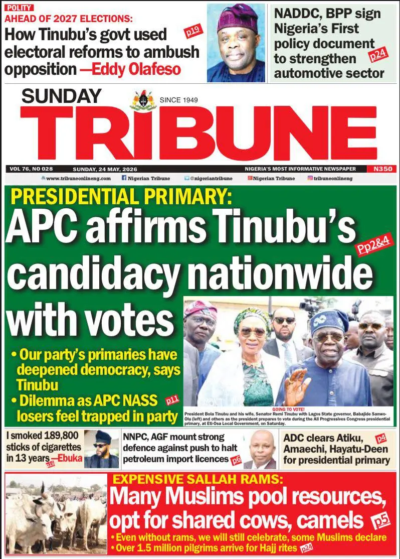Front Page Nigerian Tribune 24/05/2026