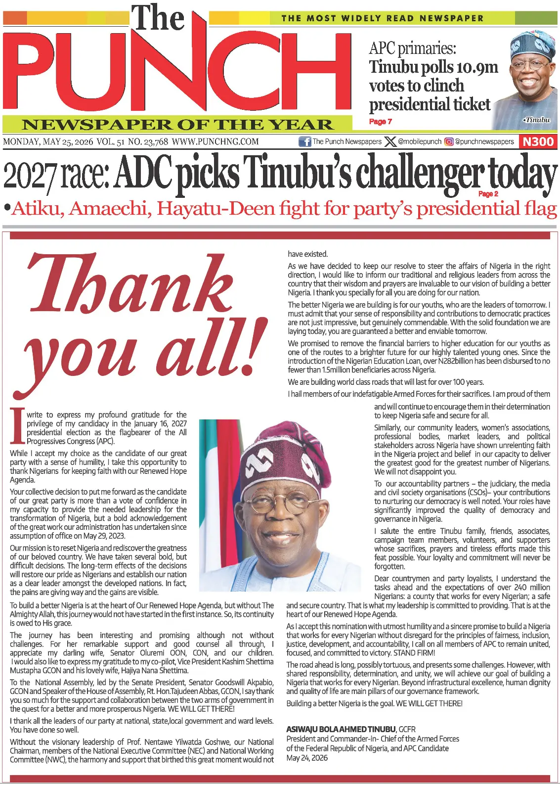 Front Page The Punch 25/05/2026