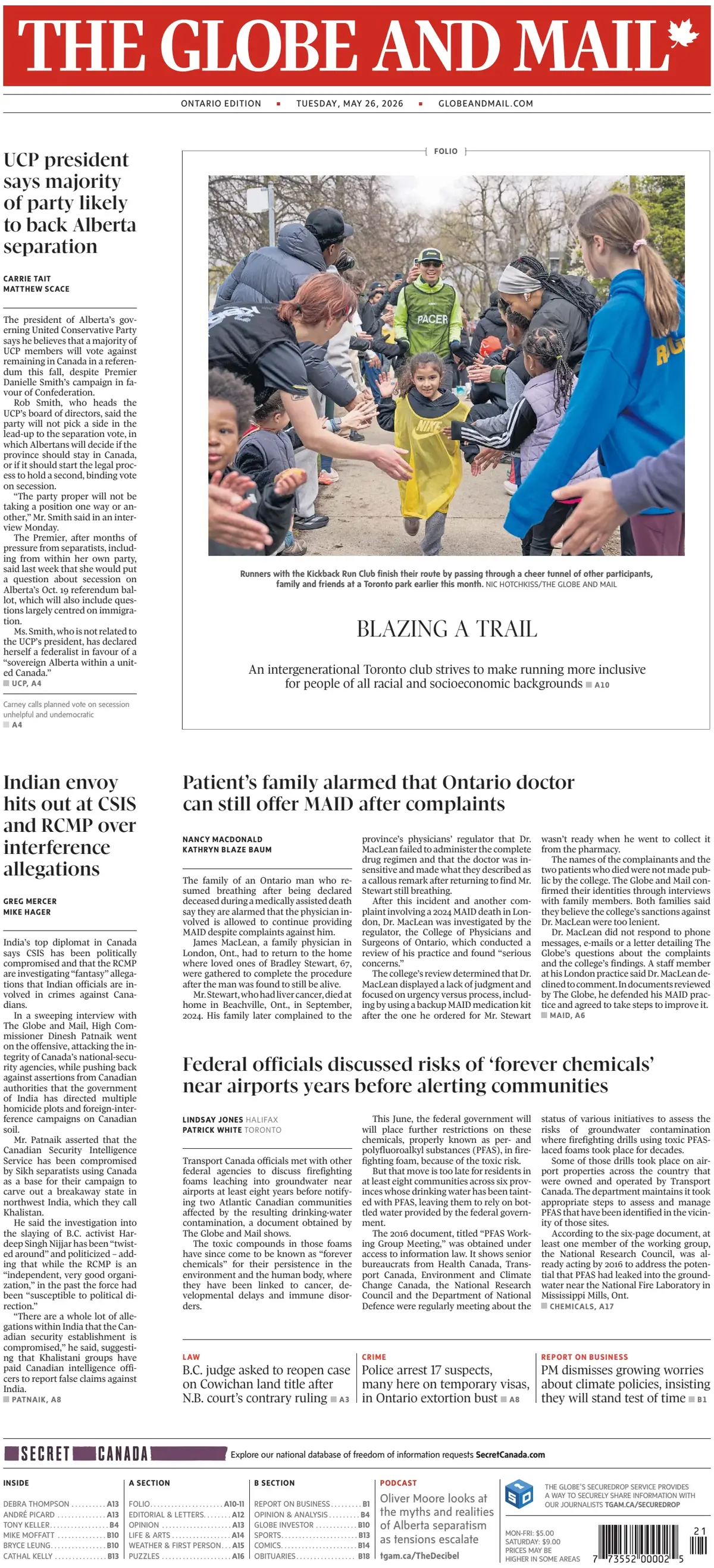 Front Page The Globe and Mail 26/05/2026