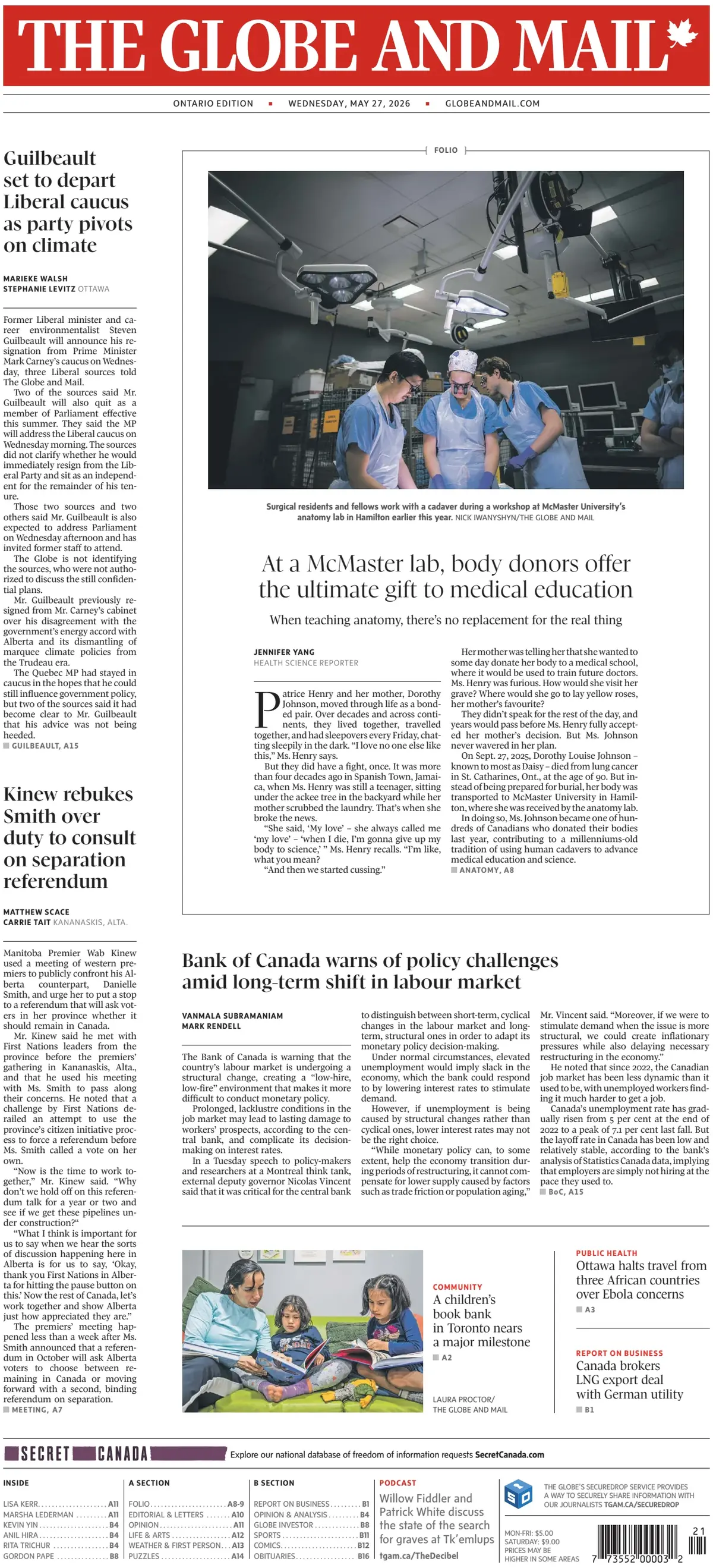 Front Page The Globe and Mail 27/05/2026