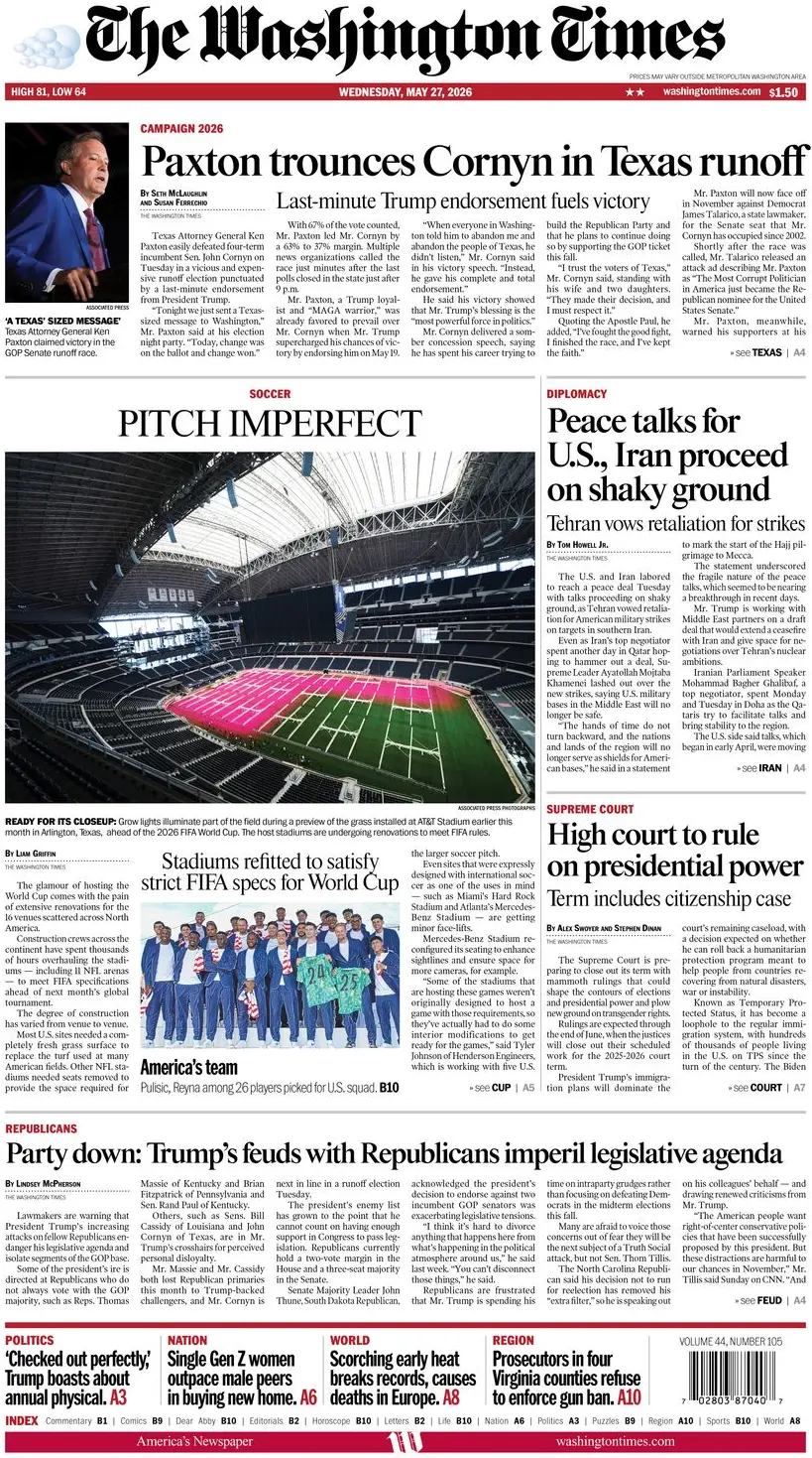 Cover The Washington Times 27/05/2026