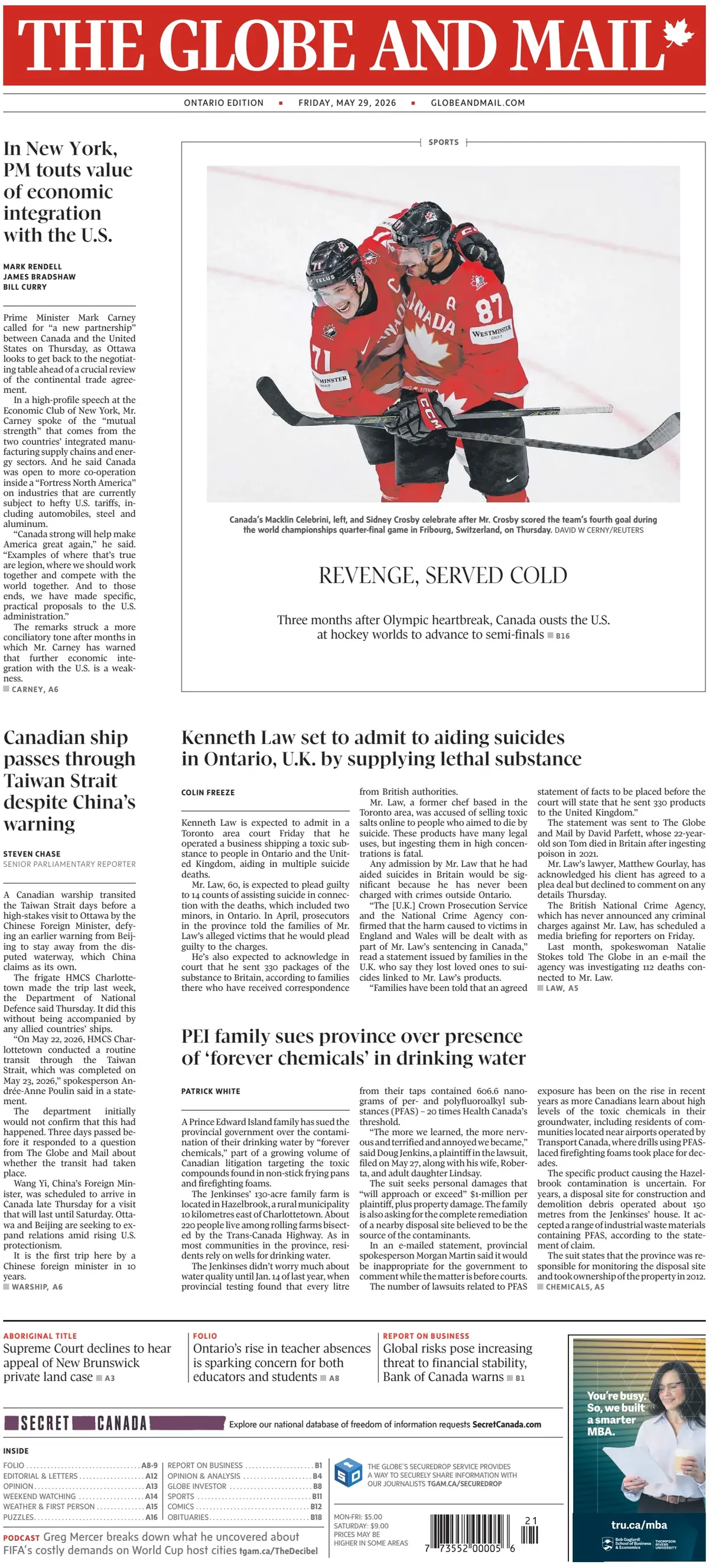 Front Page The Globe and Mail 29/05/2026