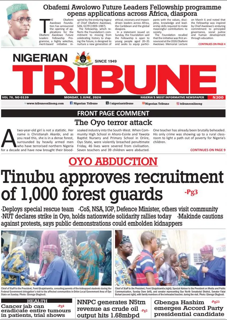 Cover Nigerian Tribune 01/06/2026