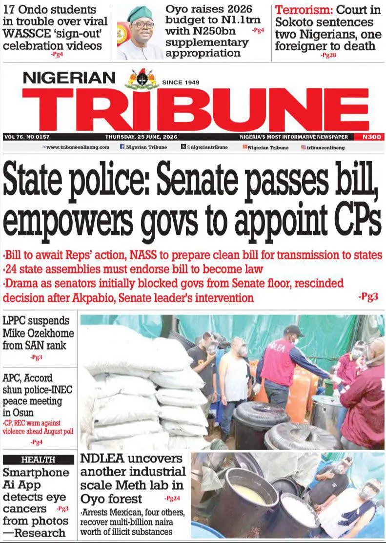 Cover Nigerian Tribune 25/06/2026