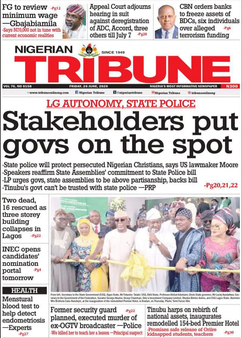 Cover Nigerian Tribune 26/06/2026