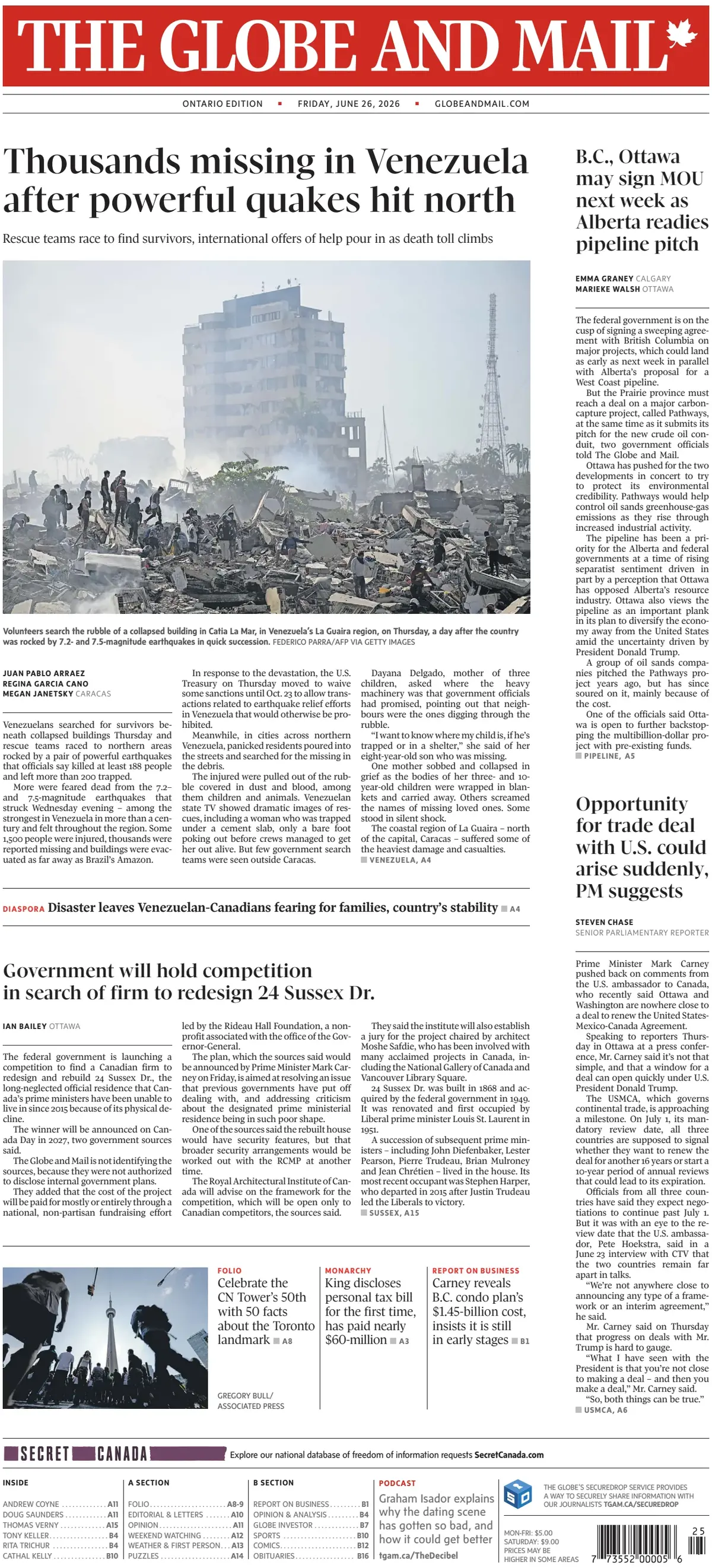 Cover The Globe and Mail 26/06/2026