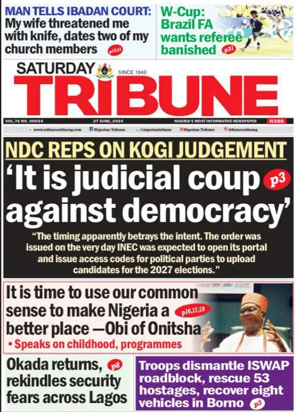 Cover Nigerian Tribune 27/06/2026