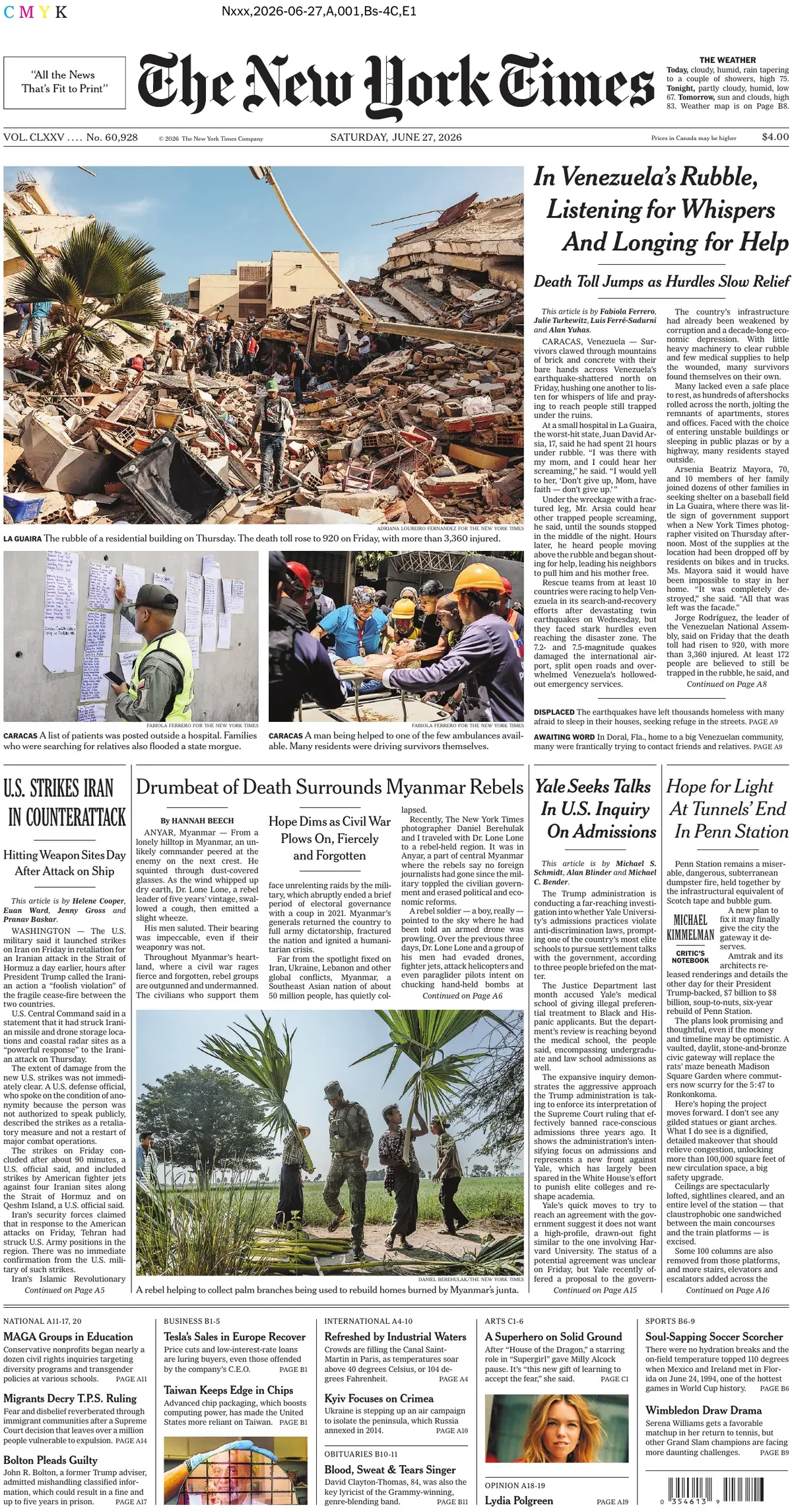 Cover The New York Times 27/06/2026