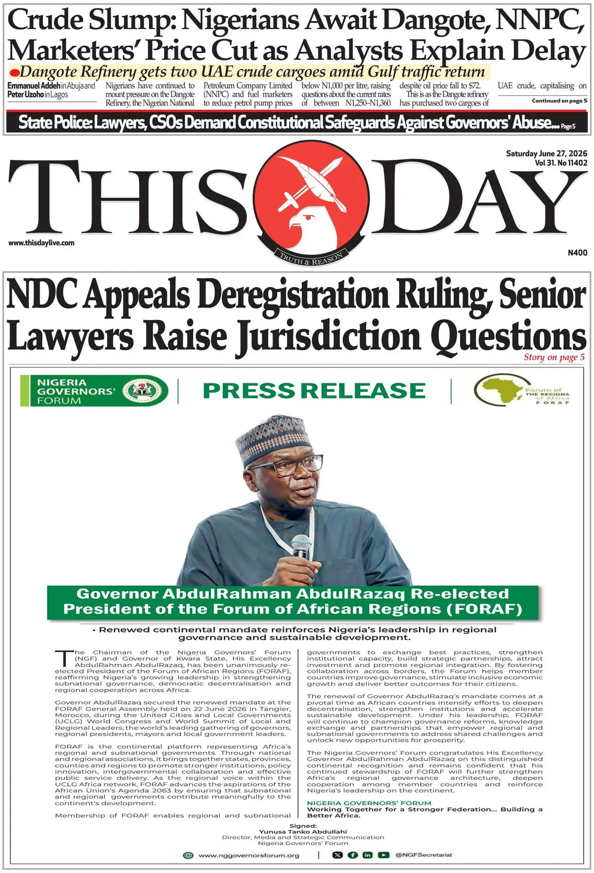 Cover ThisDay 27/06/2026