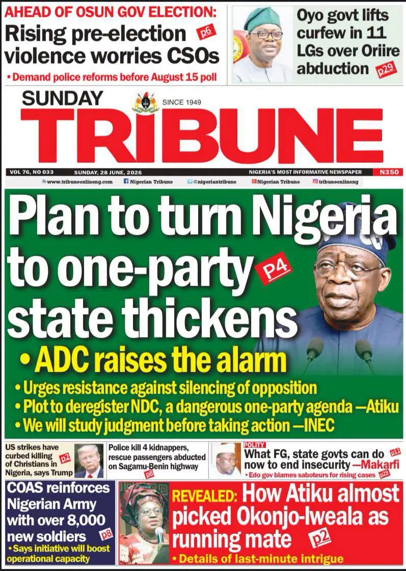 Cover Nigerian Tribune 28/06/2026