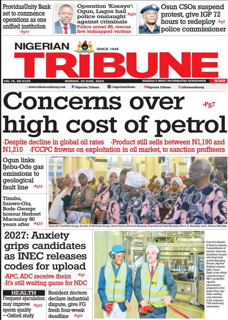 Cover Nigerian Tribune 29/06/2026