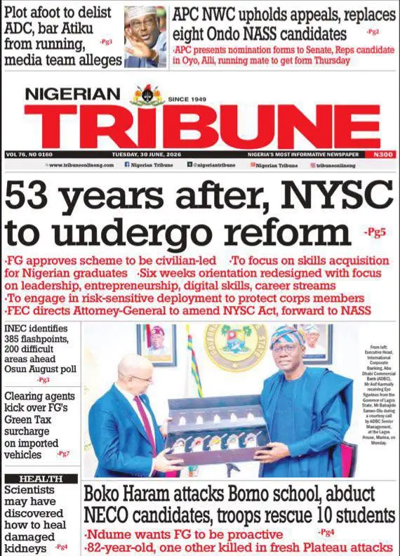 Cover Nigerian Tribune 30/06/2026