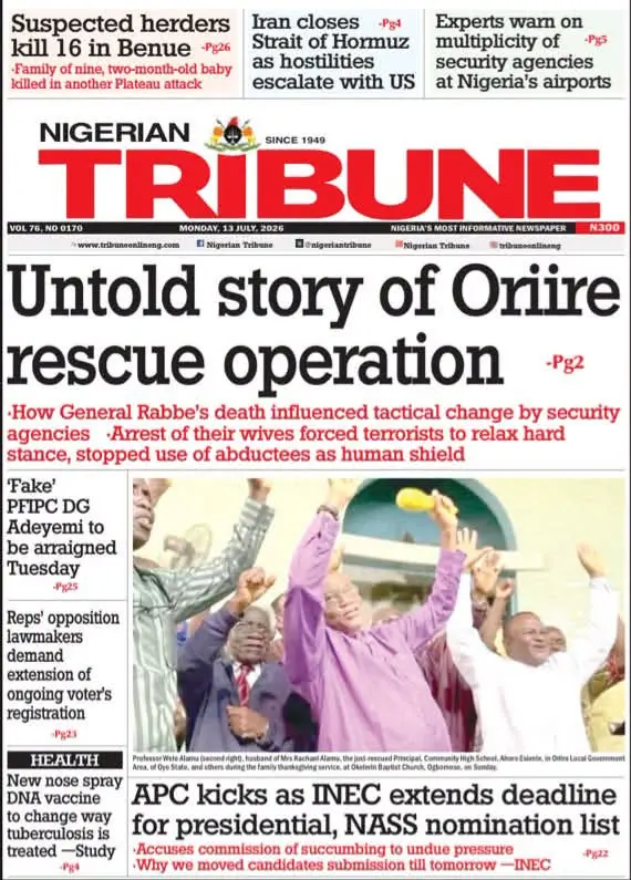Cover Nigerian Tribune 13/07/2026