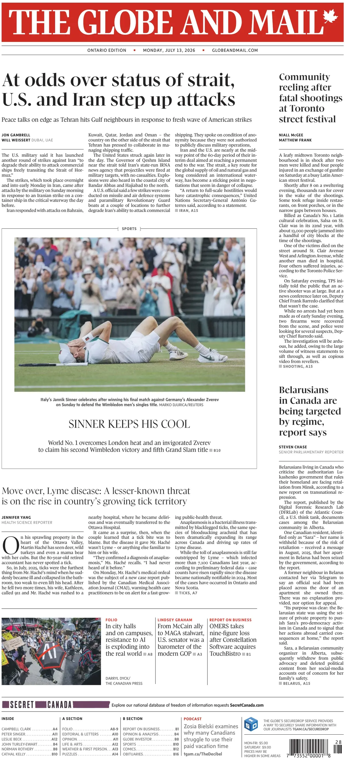 Cover The Globe and Mail 13/07/2026