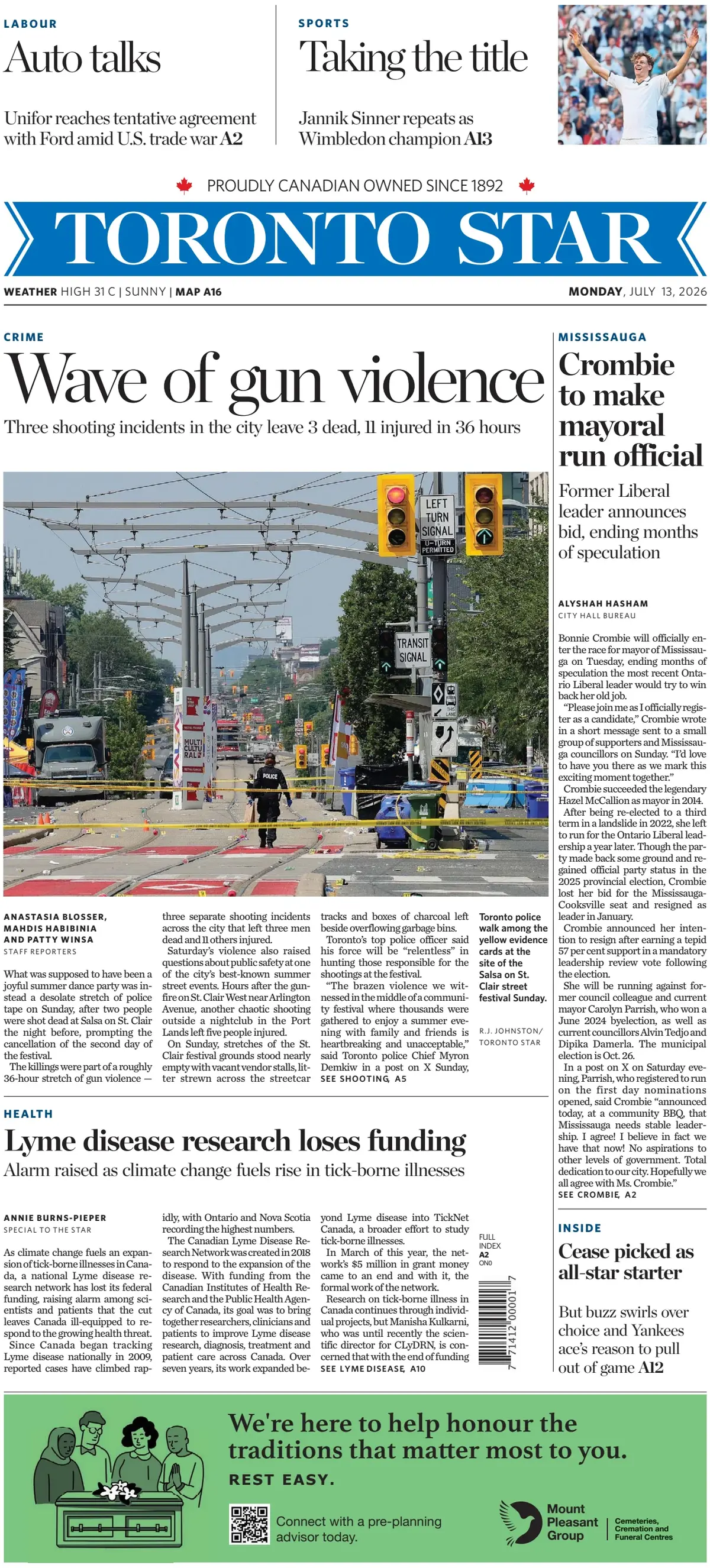 Cover Toronto Star 13/07/2026