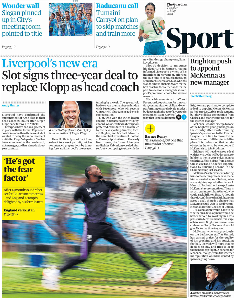 The Guardian SPORT - Front Page - 05/21/2024
